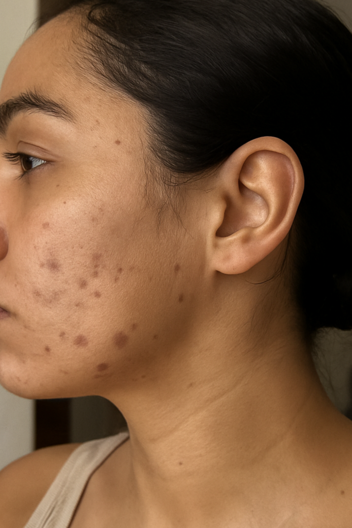 Woman with acne on her face, looking to the side.